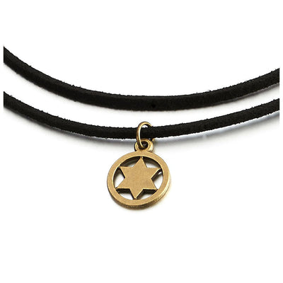 Two-Row Ladies Womens Girls Black Choker Necklace with Circle Star-of-David Charm Pendant