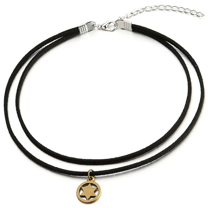 Two-Row Ladies Womens Girls Black Choker Necklace with Circle Star-of-David Charm Pendant