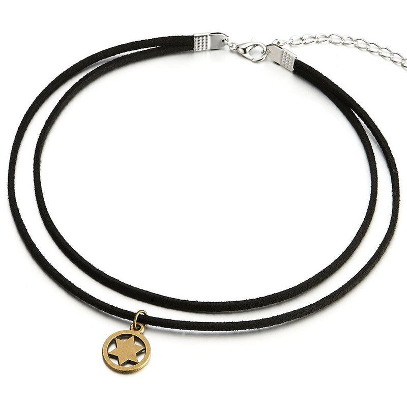 Two-Row Ladies Womens Girls Black Choker Necklace with Circle Star-of-David Charm Pendant