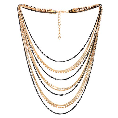 COOLSTEELANDBEYOND Waterfall Multi-Strand Chains Statement Collar Necklace with Rhinestones Chains, Dress - coolsteelandbeyond