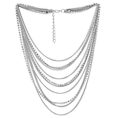 COOLSTEELANDBEYOND Waterfall Multi-Strand Chains Statement Collar Necklace with Rhinestones Chains, Dress - coolsteelandbeyond