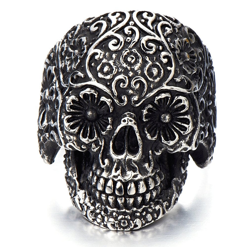 Stainless Steel Mens Gothic Biker Jewelry Sugar Skull Ring Oxidized Black 29mm - COOLSTEELANDBEYOND Jewelry