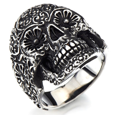 Stainless Steel Mens Gothic Biker Jewelry Sugar Skull Ring Oxidized Black 29mm - COOLSTEELANDBEYOND Jewelry